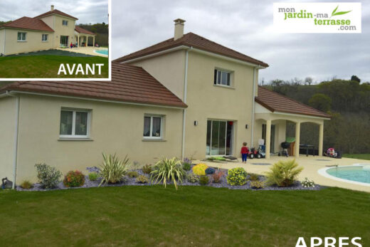 Exterior landscaping in front of a house