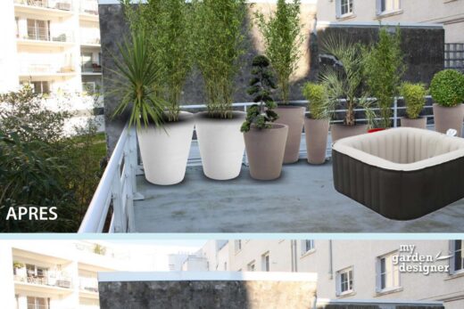 Hiding a terrace wall with potted plants